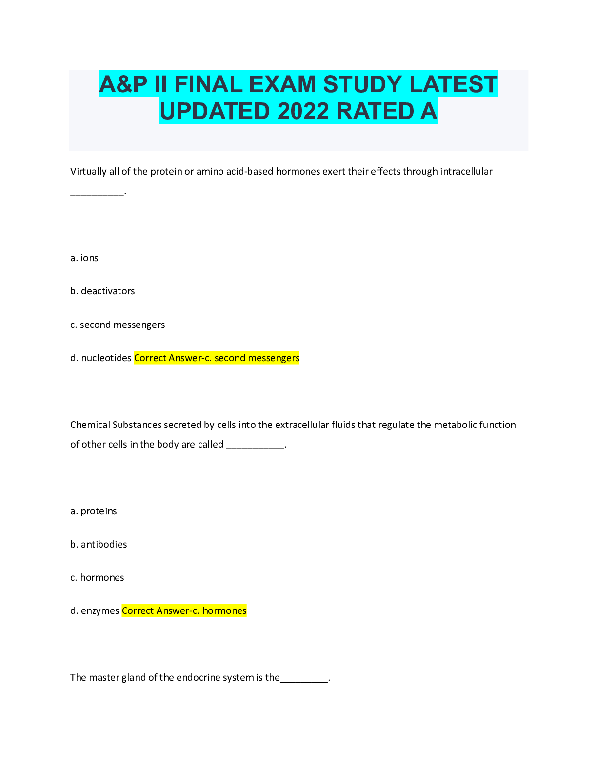 Preview image for A&P II FINAL EXAM STUDY LATEST UPDATED 2022 RATED A